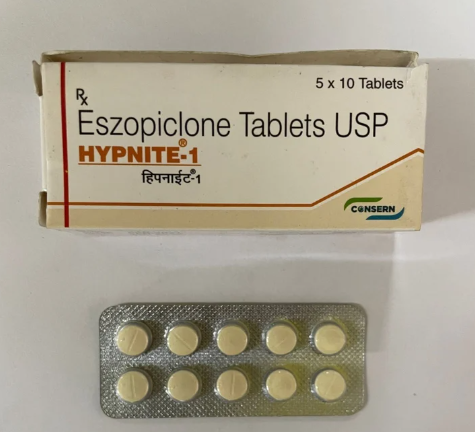 Blister pack and box of Hypnite-1 Eszopiclone Tablets USP 1 mg, a prescription sleep medication used for insomnia, displayed 