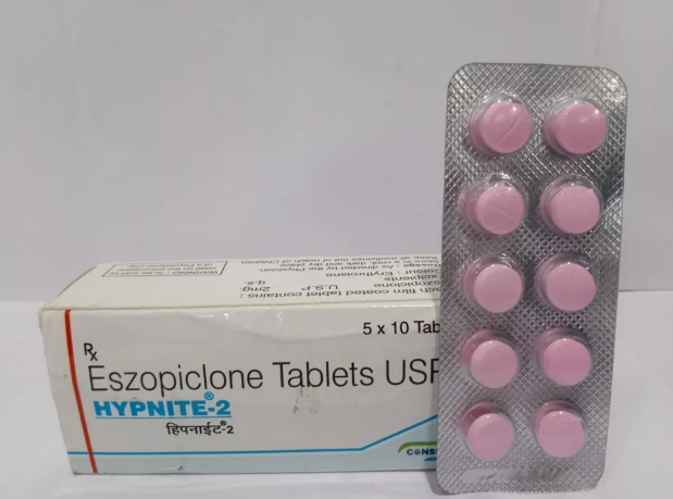 Blister pack and box of Hypnite-2 Eszopiclone Tablets USP 1 mg, a prescription sleep medication used for insomnia, displayed 
