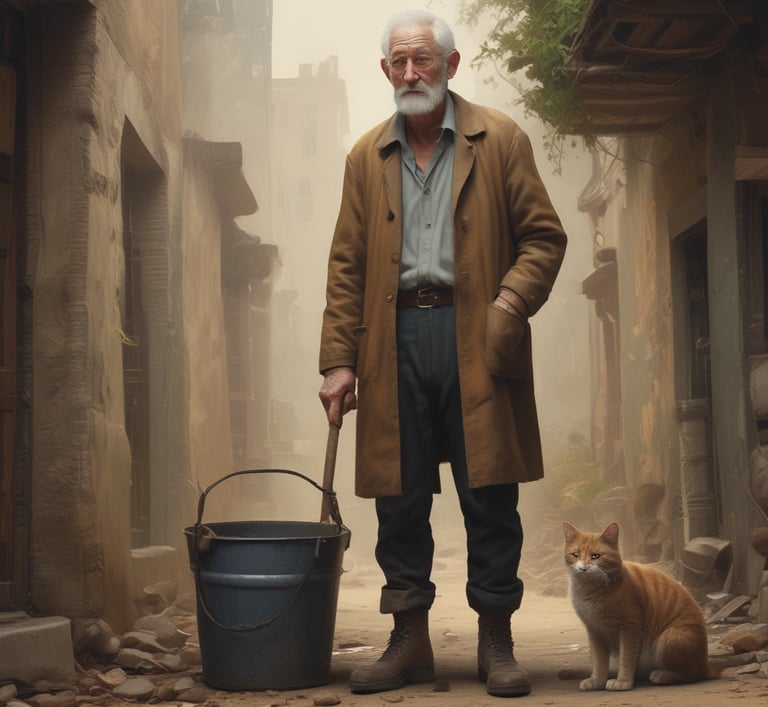 an old man with a cat sitting on a street, next to a large bucket.