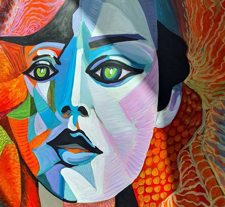 Großformatiges, facettiertes Porträt in leuchtenden Farben mit grünem Blick, 120×120 cm, 2023.