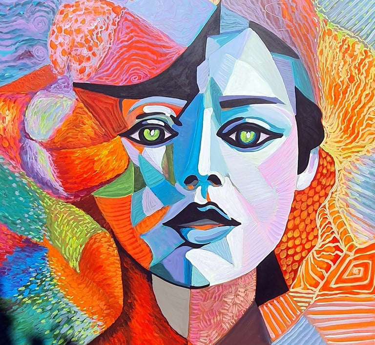 Großformatiges, facettiertes Porträt in leuchtenden Farben mit grünem Blick, 120×120 cm, 2023.