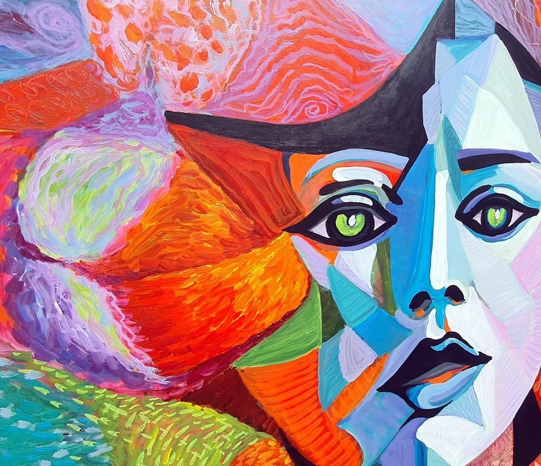 Großformatiges, facettiertes Porträt in leuchtenden Farben mit grünem Blick, 120×120 cm, 2023.