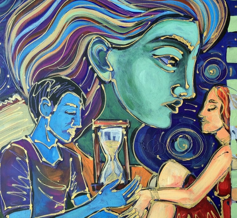 Figuratives Gemälde mit Symbolen für Zeit (Sanduhr) und Sterne, feine weiße Linien.