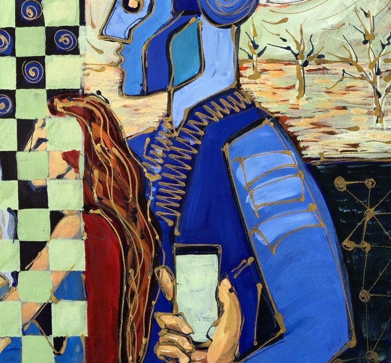 Figuratives Gemälde mit Symbolen für Zeit (Sanduhr) und Sterne, feine weiße Linien.