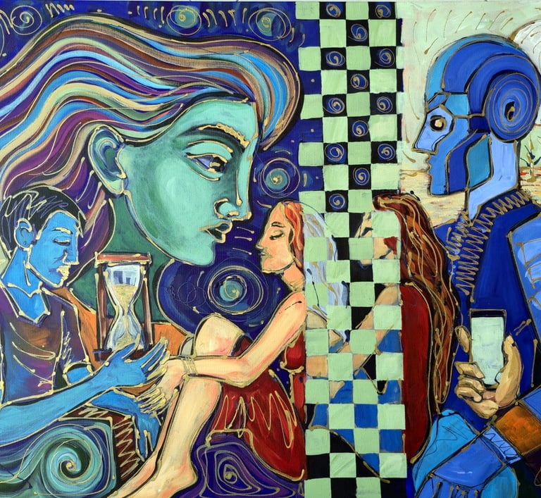 Figuratives Gemälde mit Symbolen für Zeit (Sanduhr) und Sterne, feine weiße Linien.