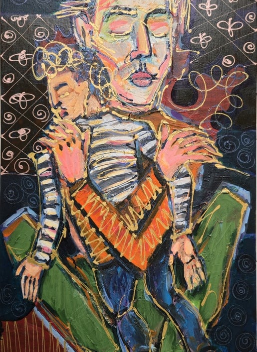 Expressive figurative Leinwand: zwei Gestalten in Umarmung, leuchtende Farben, weiße Linien – Romeo