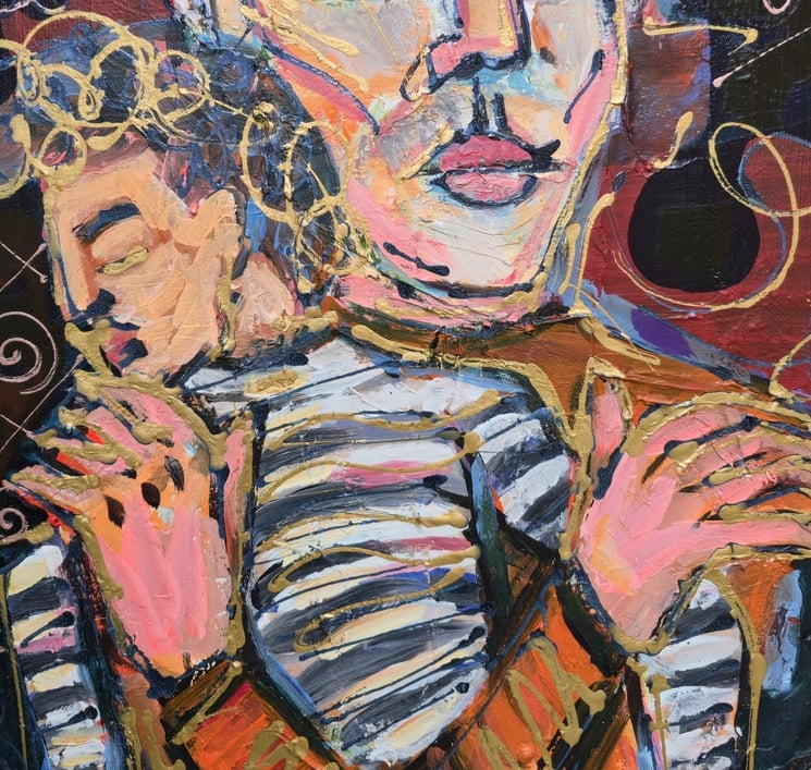 Expressive figurative Leinwand: zwei Gestalten in Umarmung, leuchtende Farben, weiße Linien – Romeo