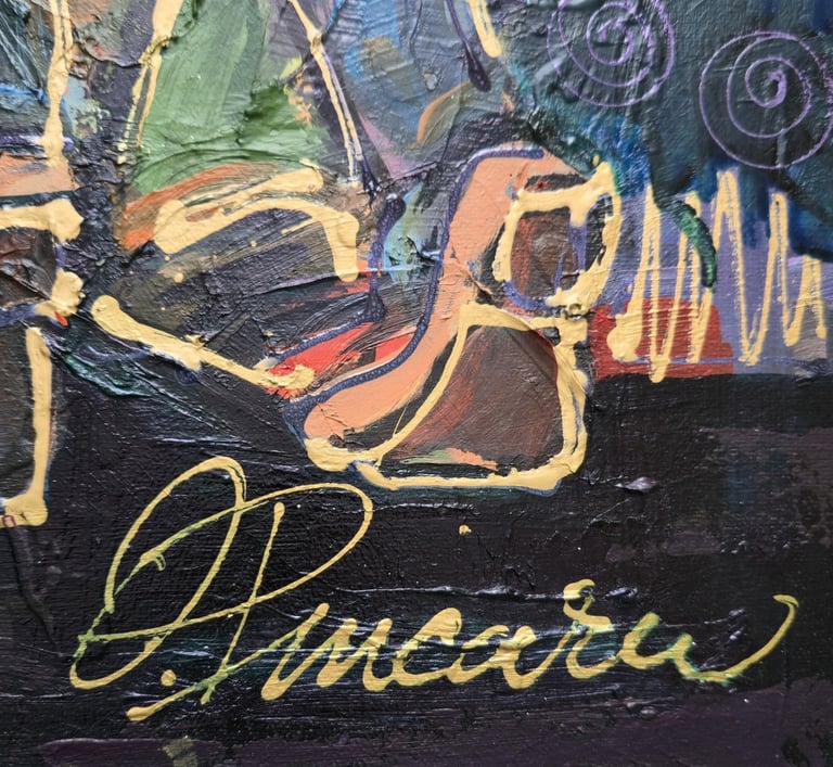 Expressive figurative Leinwand: zwei Gestalten in Umarmung, leuchtende Farben, weiße Linien – Romeo