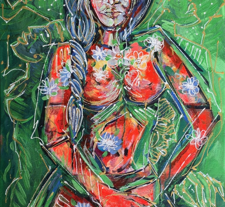 Figurative Leinwand mit grünem Feld, roten Hauttönen und weißen Linien; Blüten auf der Figur.