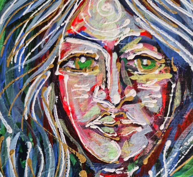 Figurative Leinwand mit grünem Feld, roten Hauttönen und weißen Linien; Blüten auf der Figur