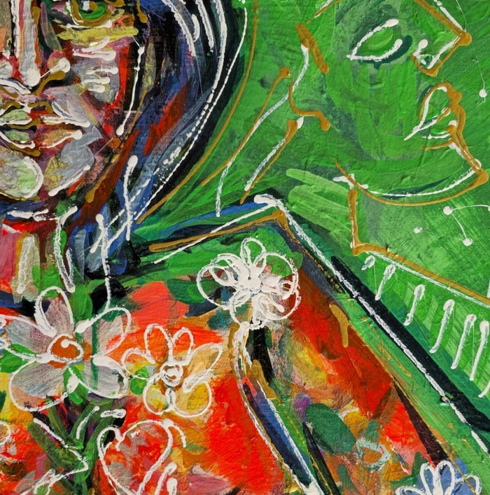 Figurative Leinwand mit grünem Feld, roten Hauttönen und weißen Linien; Blüten auf der Figur