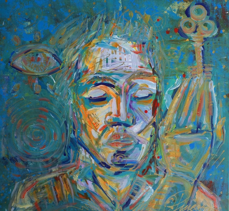 Quadratische Leinwand mit glyphenartigen weißen Linien und farbigen Felder.