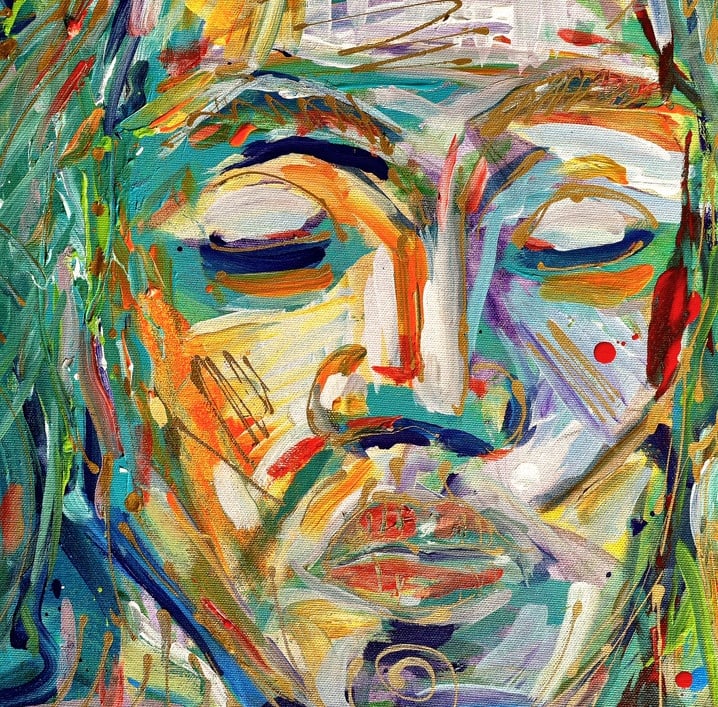 Quadratische Leinwand mit glyphenartigen weißen Linien und farbigen Feldern.