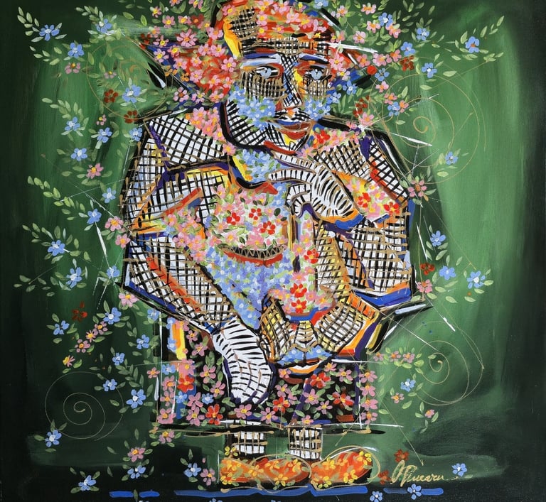 Quadratische Leinwand mit expressiven Farbfeldern und weißen Linien – „Intuition“, Romeo Opincaru