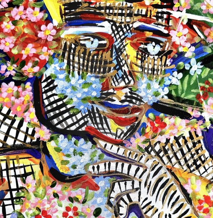 Quadratische Leinwand mit expressiven Farbfeldern und weißen Linien – „Intuition“, Romeo Opincaru.