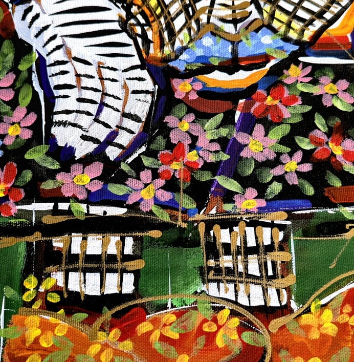 Quadratische Leinwand mit expressiven Farbfeldern und weißen Linien – „Intuition“, Romeo Opincaru.