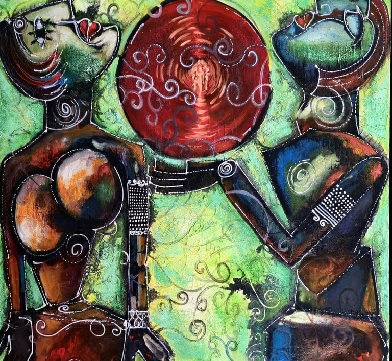 Expressive Leinwand „Adam & Eva“ in Komplementärfarben mit weißen Linien – Romeo Opincaru, 2025.