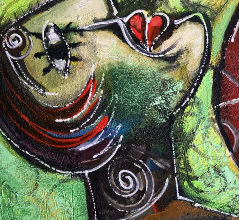 Expressive Leinwand „Adam & Eva“ in Komplementärfarben mit weißen Linien – Romeo Opincaru, 2025.