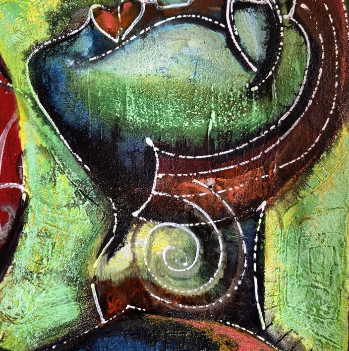 Expressive Leinwand „Adam & Eva“ in Komplementärfarben mit weißen Linien – Romeo Opincaru, 2025.