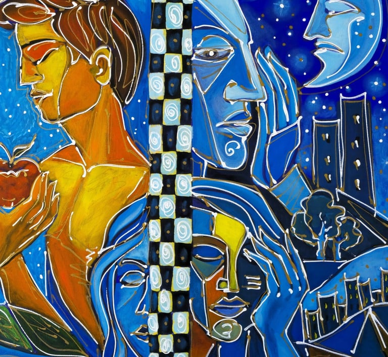 Figuratives Gemälde mit warmen und kühlen Farbfeldern, feinen weißen Linien-Zwischen Sonne und Mond