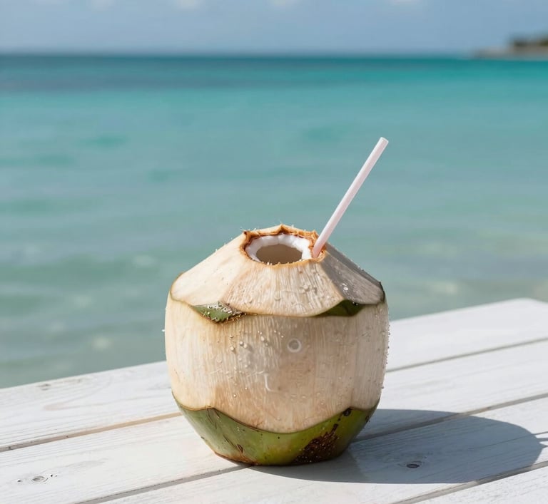Clean, high-end photography of a chilled coconut drink on a white wooden table overlooking a calm turquoise sea in the Brazilian Caribbean. Tranquil and aspirational vibe.