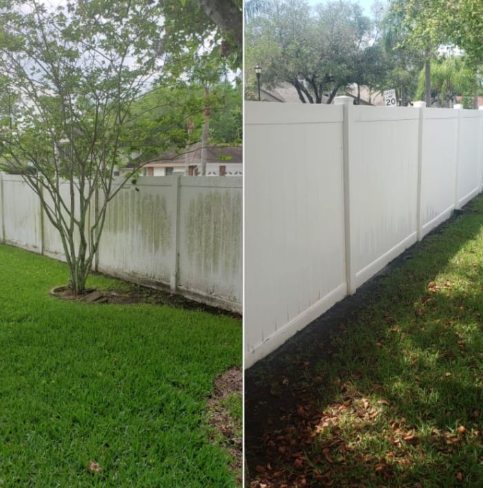 Vinyl fence cleaning transformation in New Port Richey, FL—years of buildup gone with gentle wash