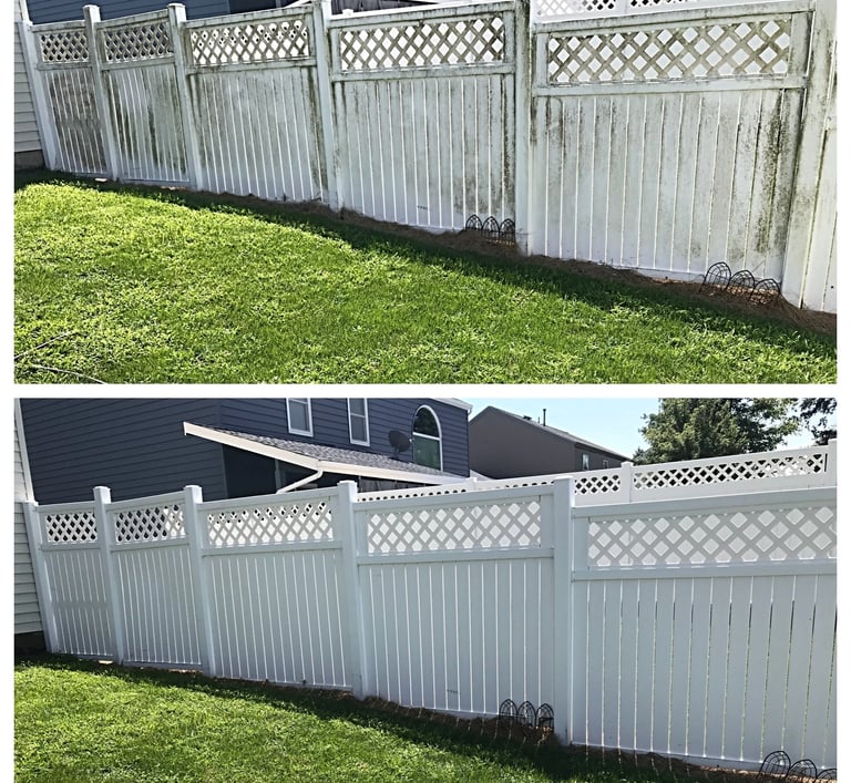 Vinyl fence before and after soft washing in Land O' Lakes FL