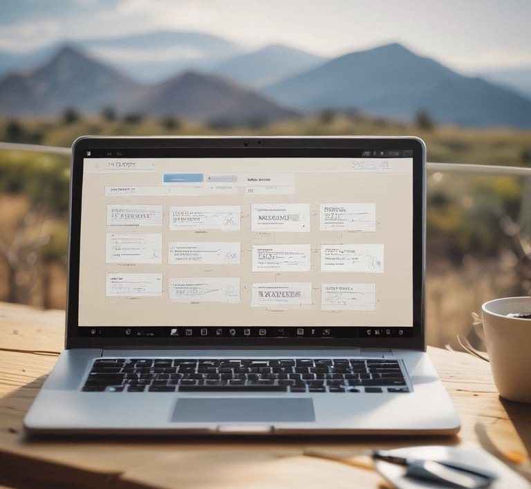 Close-up of a marketing consultant analyzing colorful data charts on a laptop with a backdrop of sunlit mountain peaks.