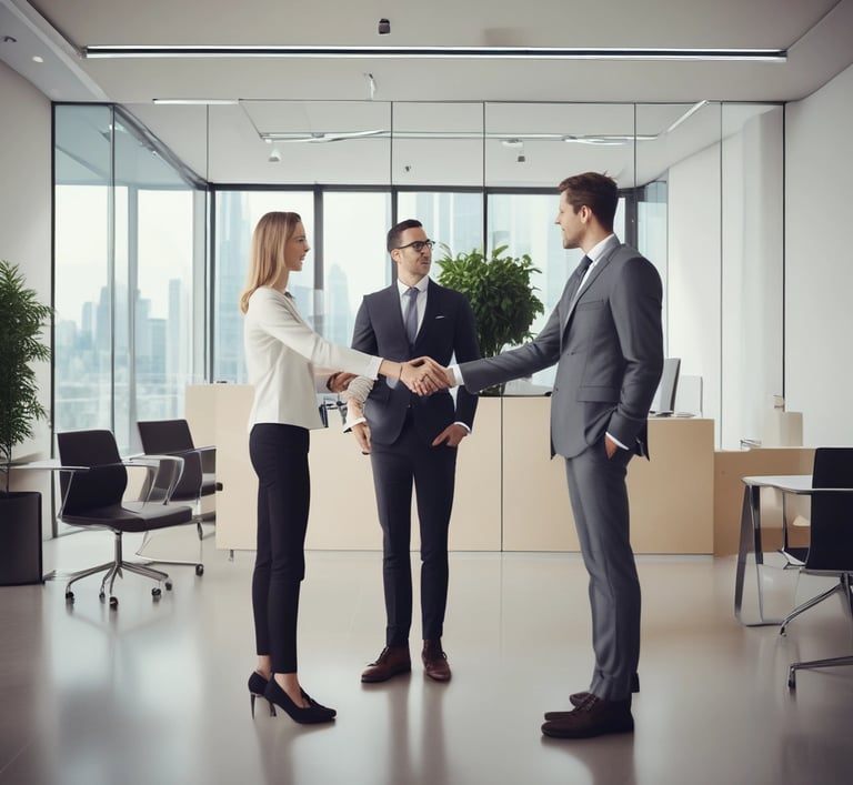 Modern office workspace with diverse team collaborating over digital devices and data charts.