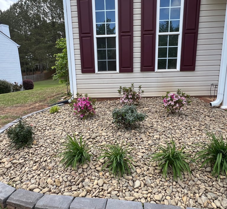 Flower bed with newly installed flowering shrubs, stone border, and cane rock for mulch.
