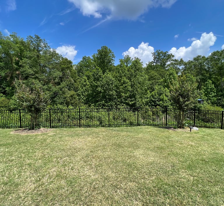 Back flower bed before the project showing two crepe myrtle trees against a black fence.