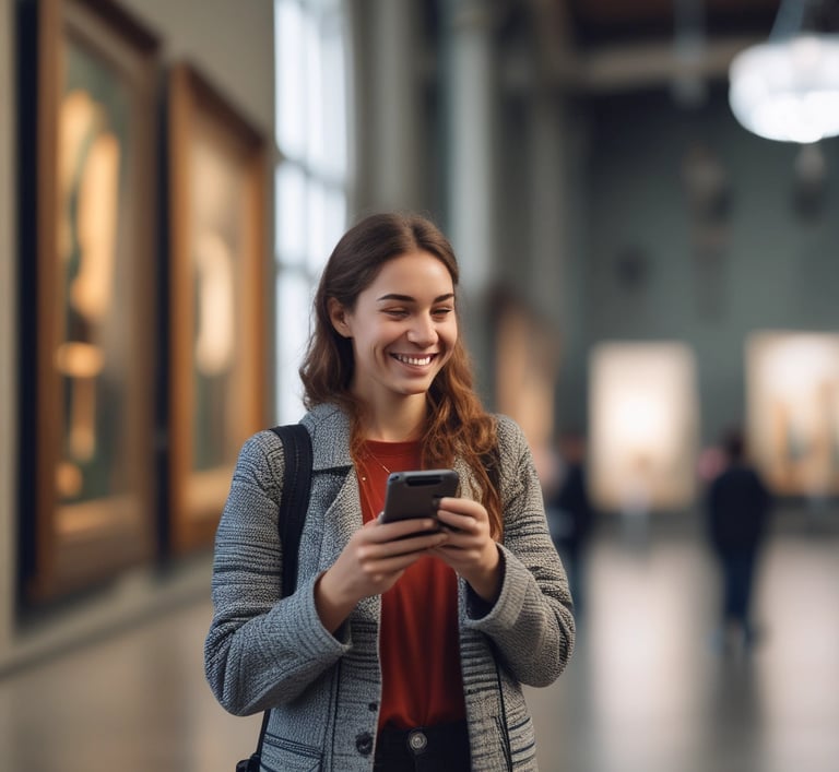 The image depicts a museum interior showcasing various sculptures and artifacts on pedestals. Several visitors are observing the art pieces, which include statues and heads, some of which appear to be of ancient origins. The setting has a clean, modern design with a focus on the exhibits.
