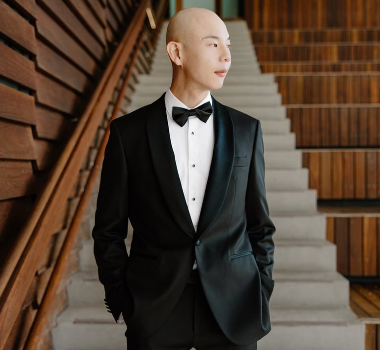 Wedding Day bald Groom in a tuxedo suit