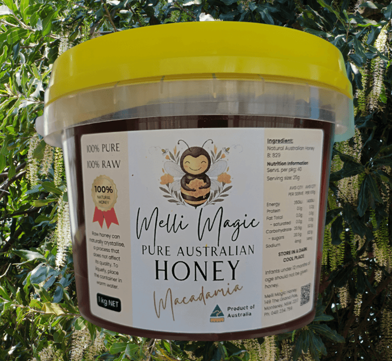 Melli Magic 1kg tub of pure raw Australian Macadamia honey set against macadamia trees background.