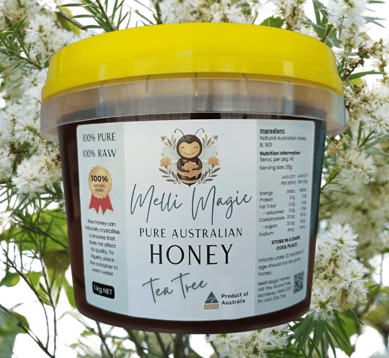 Melli Magic 1kg tub of pure Australian raw Tea Tree honey with a yellow lid and bee logo.