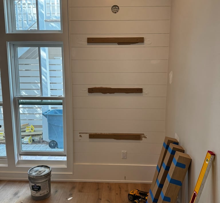 Floating white oak shelf, could be used as a fireplace mantel also 