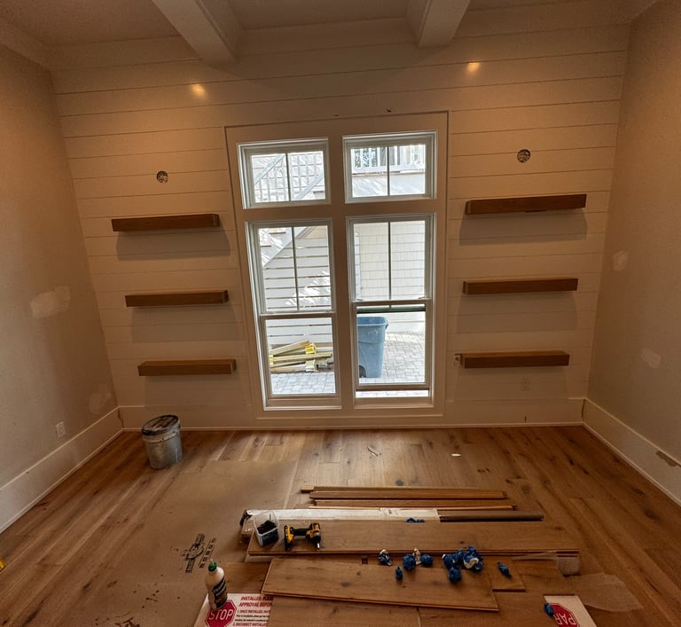 Floating white oak shelf, could be used as a fireplace mantel also 