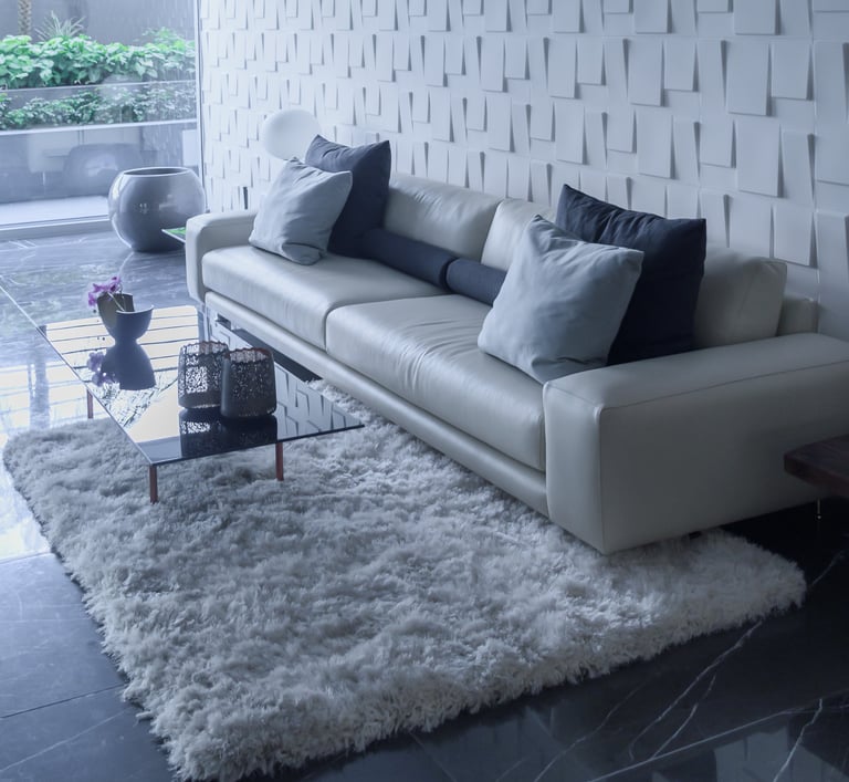 a living room with a couch and a rug