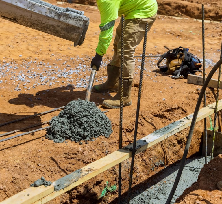 a man in a yellow jacket is pouring concrete into a concrete slab