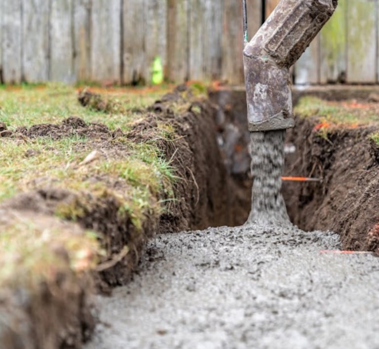 a concrete slab being poured into a concrete foundation