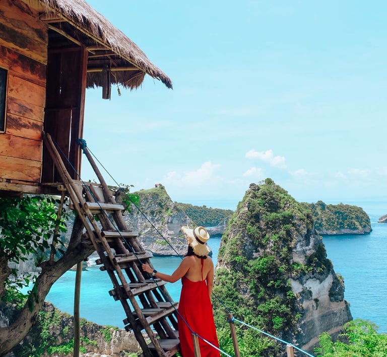 A woman in a red dress climbs a wooden ladder to a Bali treehouse overlooking Nusa Penida islands.