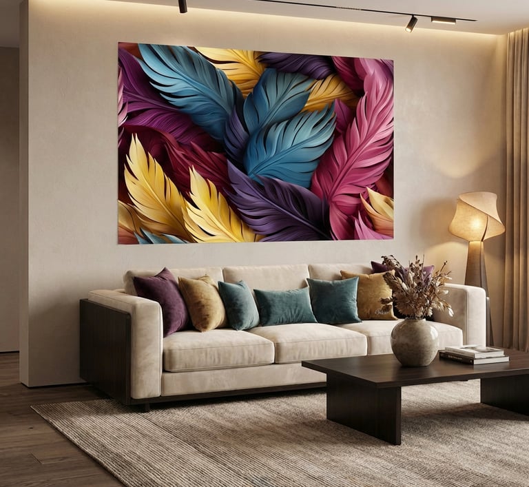 Modern living room featuring colorful feather wall art and a beige sofa with decorative pillows.