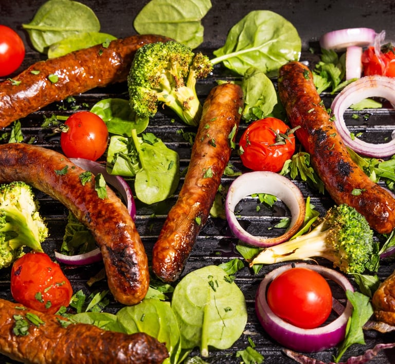 Sustainable plant-based, nutritionally-dense, hypoallergenic protein and fibre sausages with vegetables surrounding