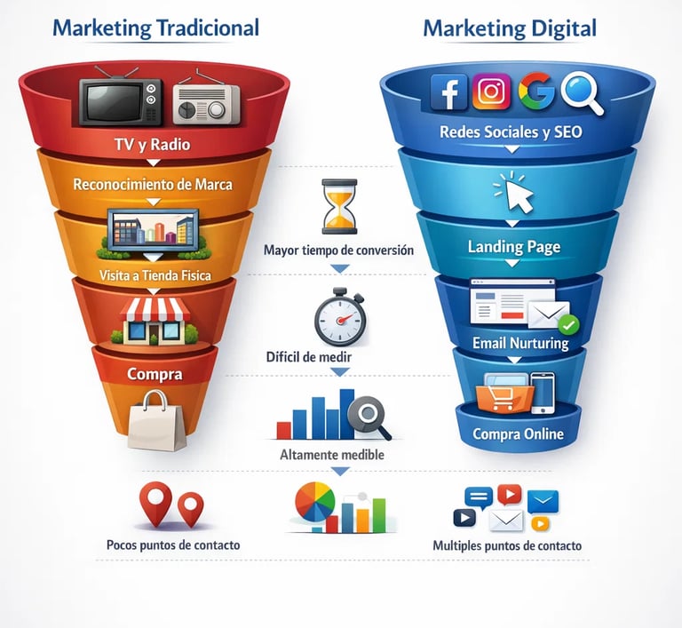 Comparación del customer journey y funnel de conversión en marketing tradicional vs digital