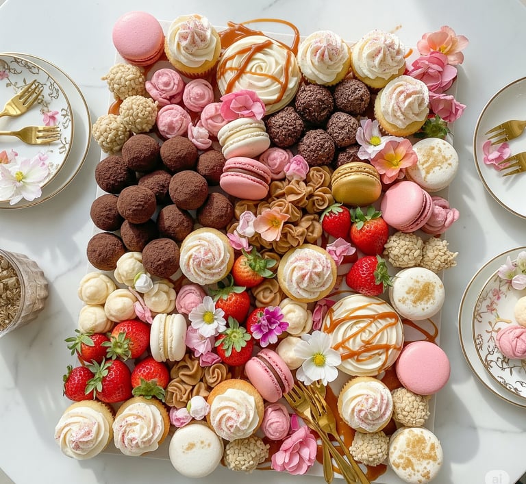 a plate of desserts and desserts on a table