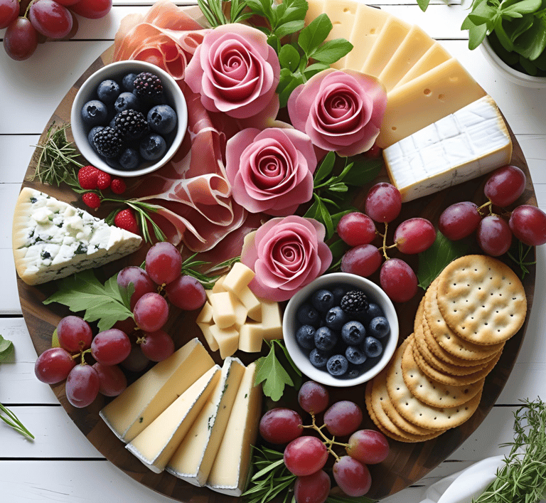 a platter of cheeses and grapes