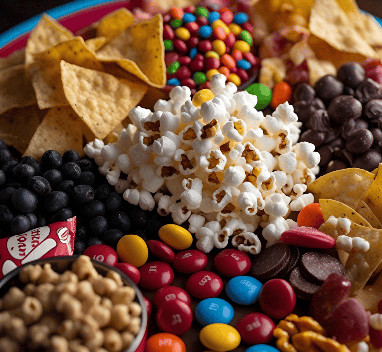 a plate of food that includes chips, chips, and candy