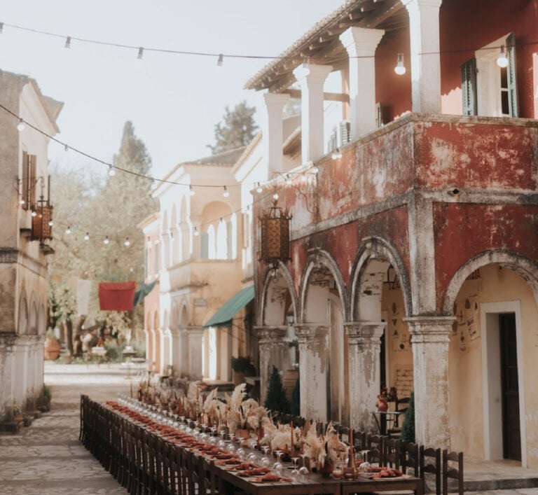 a long table with a long table set up for a dinner