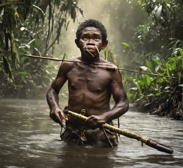 un pygmé chasse avec sa sarbacane dans l'Amazonie