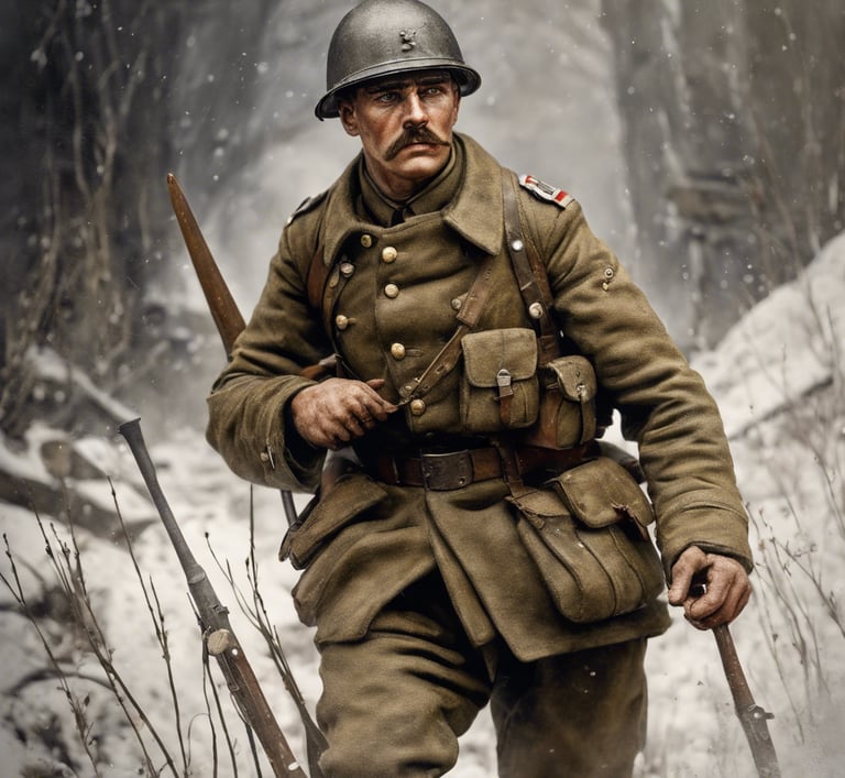un poilu de la 1ère guerre mondiale marche dans la neige
